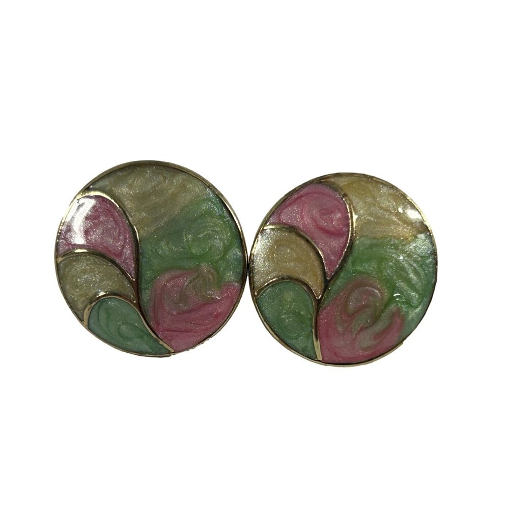 Vintage Round Button Earrings Pink Green Yellow Enamel Gold Tone Swirl Retro in